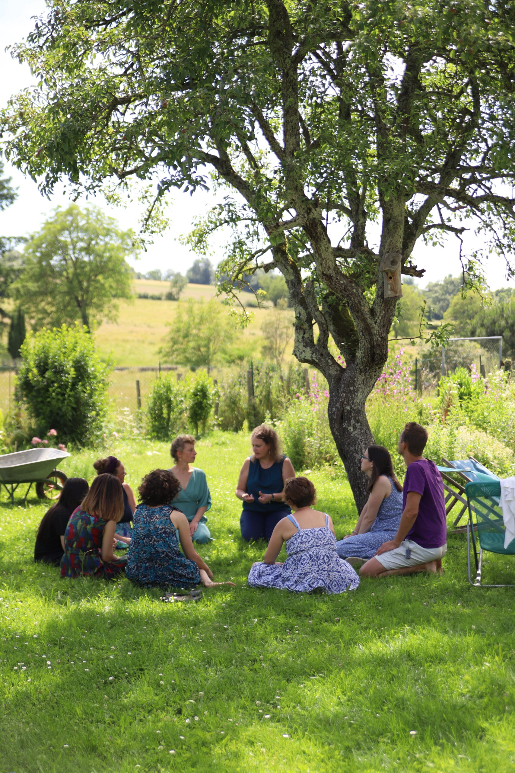 Groupe réuni sous un arbre pour un atelier nature au Jardin des Merveilles.
